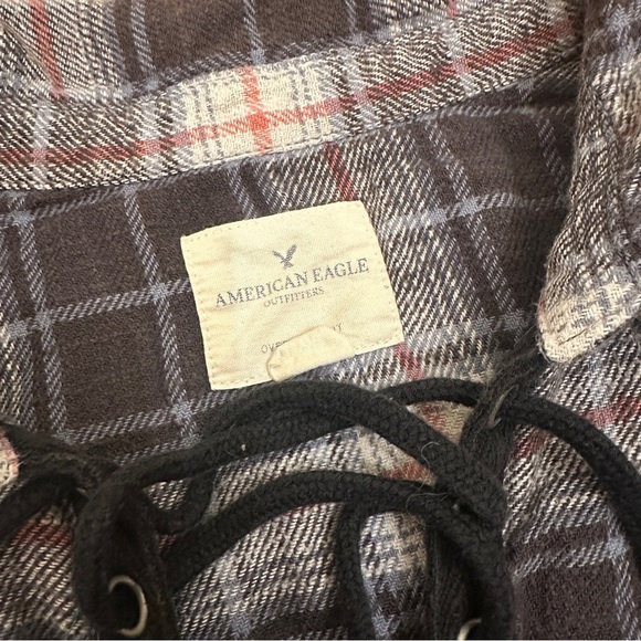 America Eagle Outfitters  Plaid Lace-Up Shirt Distressed frayed oversized fit M - Picture 3 of 8